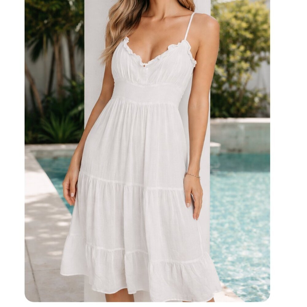 AQUA Swim Size L White Tiered Maxi Cover Up Dress